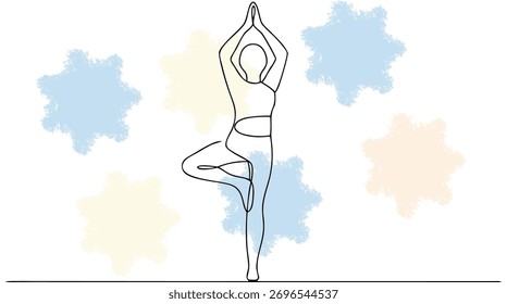 Persona de dibujo de una sola línea en posición de yoga de pose de árbol con salpicaduras de meditación en pastel
