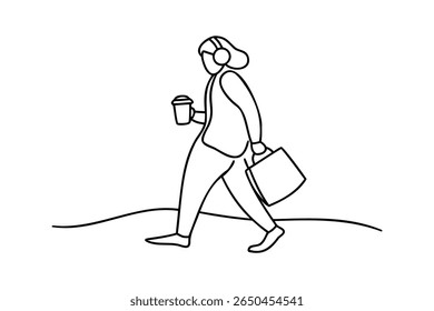 Desenho de linha única uma pessoa caminhando com café xícara auscultadores pasta no vetor