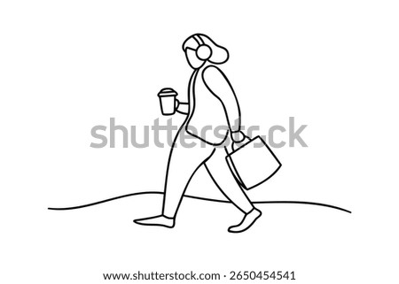 Single line drawing a person walking with coffee cup headphones briefcase on vector