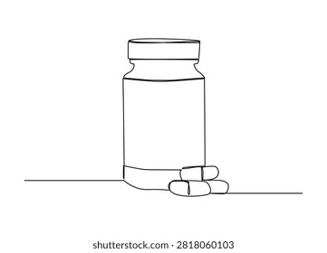 Single line drawing pill bottle. Medical capsules container. Tablet pills medical drug pharmacy care and tablet pills antibiotic pharmaceutical.