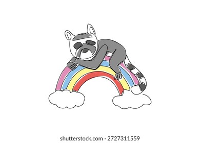 Einzeilige Zeichnung verspielten Lemur mit einem langen, Ring oder gestreiften Schwanz ist über einen Regenbogen Bogen von weichen Wolken gelehnt, zeigt harmonische Natur. Perfekt für Kinder Merchandise Design