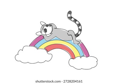 Dibujo de una sola línea de lémur juguetón, con su distintiva cola larga y rayada que fluye con gracia en posición supina, durmiendo felizmente en el arco iris vívido. Arte lindo del vivero y ilustración del cartel de los niños