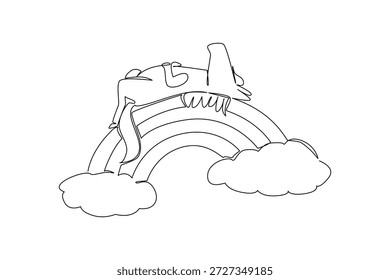 Einzeilige Zeichnung eines verspielten wilden Pferdes, das sich anmutig in Rückenlage auf einem Regenbogenbogen mit flauschiger, weicher Wolke befindet. Naturkonzept Bauernhof Tier Thema, ideal für Kindergarten Print und Kinderzimmer Dekoration