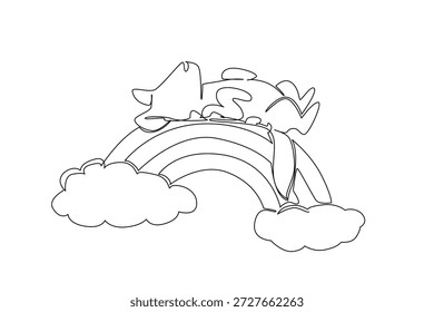 Desenho de linha única de hiena selvagem brincalhona rindo e descansando graciosamente em uma posição supina no topo do arco-íris com nuvens macias macias. O conceito de natureza é tema de savana para a arte africana da vida selvagem
