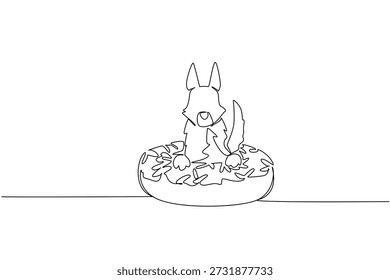 Single line drawing of playful wolf show cute animal sitting inside glazed donut for fancy pastry concept. Unique design feature wild forest canine for international food day theme in minimalist style