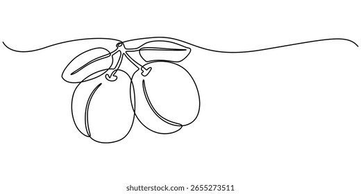 Desenho de linha única de uma arte minimalista de fruto de ameixa, ameixa desenhada em uma linha contínua. Um desenho, minimalismo. Ilustração vetorial, frutas de ameixa desenho contínuo de uma linha isolado nas costas brancas