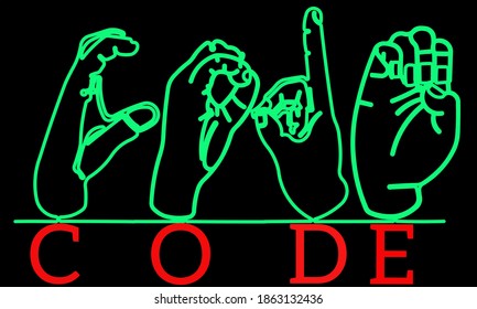 Single line drawing poster of sign language deaf mute. Continuous drawn minimalist minimalism design isolated on black background with glowing colour. vector illustration