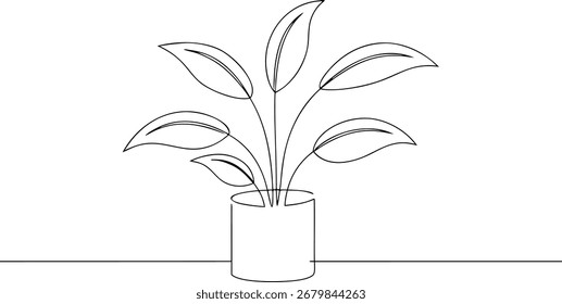 Línea única dibujando una planta en maceta con múltiples hojas línea continua arte verde