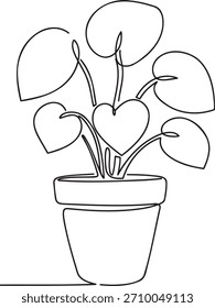 Dibujo de una sola línea de planta en maceta con hojas en forma de corazón sobre fondo blanco