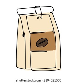 Single line drawing of a pouch of coffee. Simple flat color doodle style design for coffee food and beverage concept 