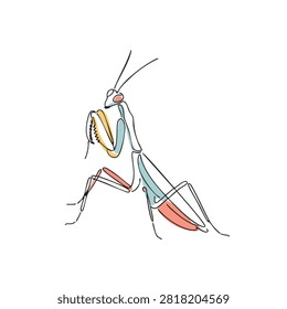 A single line drawing of a praying mantis featuring colorful accents on a white background