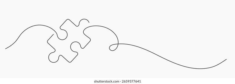 Desenho de linha única da peça do quebra-cabeça. Linha contínua de arte de contorno de quebra-cabeça. Conceito minimalista de solução, conexão e resolução de problemas para vários projetos de design. Vetor