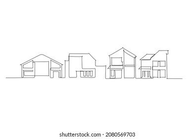 Single line drawing of residence skyline. Town and buildings landscape model. Best holiday destination wall decor art. Editable trendy continuous line draw design vector illustration