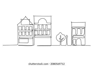 Single line drawing of residence skyline. Town and buildings landscape model. Best holiday destination wall decor art. Editable trendy continuous line draw design vector illustration