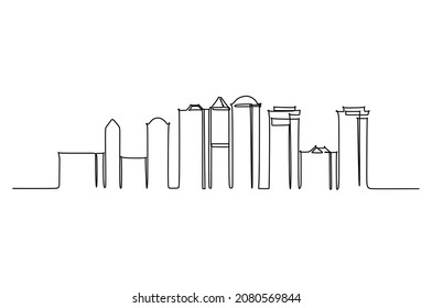 Single line drawing of residence skyline. Town and buildings landscape model. Best holiday destination wall decor art. Editable trendy continuous line draw design vector illustration