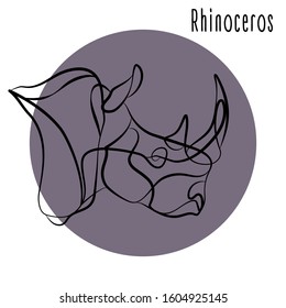 Single line drawing of a rhino portrait. Animal head drawn in line art style on a circle background. Modern illustration for branding a zoo. Rhino logo