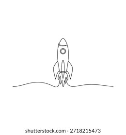 Un dibujo de una sola línea de un cohete que se lanza al cielo