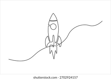Single line drawing of a rocket ship flying through space
