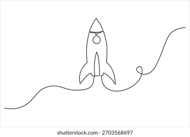 Einzeilige Zeichnung eines Raketenschiffes mit gekrümmter Spur