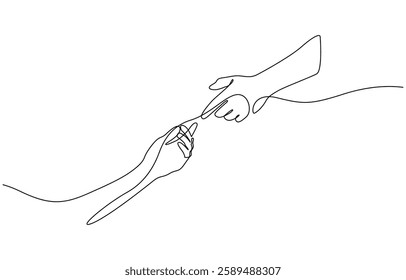 Single line drawing of romantic or helping concept, Two hands reaching out towards each other drawn by continuous one line. Continuous one line drawing of hands holding each other.