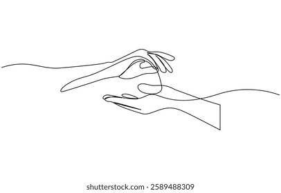 Single line drawing of romantic or helping concept, Two hands reaching out towards each other drawn by continuous one line. Continuous one line drawing of hands holding each other.