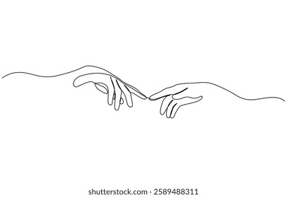 Single line drawing of romantic or helping concept, Two hands reaching out towards each other drawn by continuous one line. Continuous one line drawing of hands holding each other.