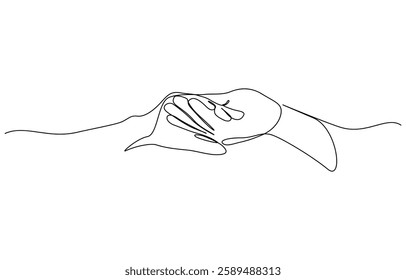 Single line drawing of romantic or helping concept, Two hands reaching out towards each other drawn by continuous one line. Continuous one line drawing of hands holding each other.