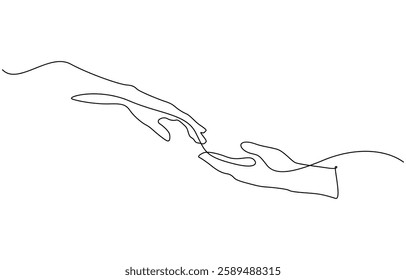 Single line drawing of romantic or helping concept, Two hands reaching out towards each other drawn by continuous one line. Continuous one line drawing of hands holding each other.