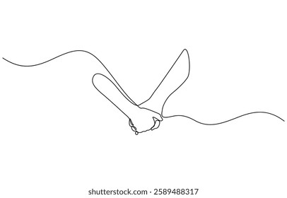 Single line drawing of romantic or helping concept, Two hands reaching out towards each other drawn by continuous one line. Continuous one line drawing of hands holding each other.