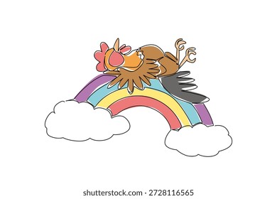 Única linha desenhando galo dormindo supine no arco-íris com pente e penas da cauda claramente moldadas, dando uma vibração humorística da hora de dormir na fazenda. Ótimo para impressões de cozinha da fazenda, livro de fazenda de crianças, e mascote de logotipo