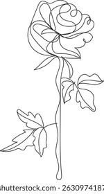 Desenho de linha única de uma rosa com folhas.