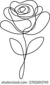 Dibujo de una sola línea de una rosa con hojas de flor línea de arte