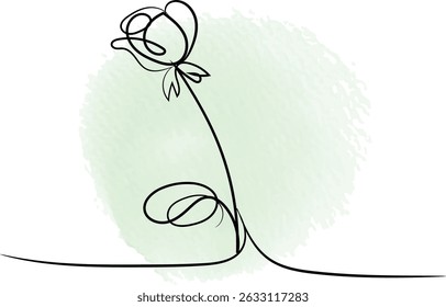 Single line drawing of a rose with a light green watercolor background.
