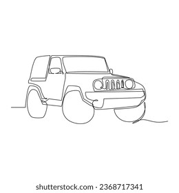 single line drawing of a rugged four-wheel drive vehicle with round headlights and a prominent grille, perfect for outdoor and adventure themes