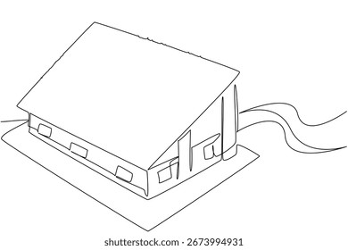 Single line drawing of a rural wide roof house with chimney highlights sustainable construction ideas and green roof advocacy, reflecting World Green Roof Day with an eco-friendly nature concept.