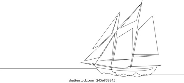 Single line drawing of sail boat or yacht. Abstract sailing vessel silhouette drawn by one continuous line.