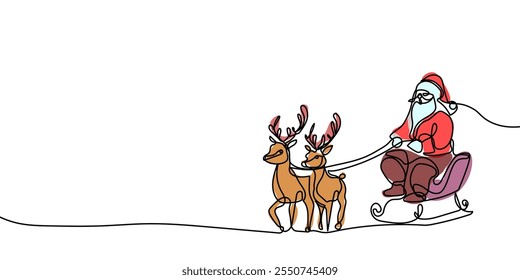 single line drawing of Santa Claus in sleigh pulled by reindeers, line art vector illustration