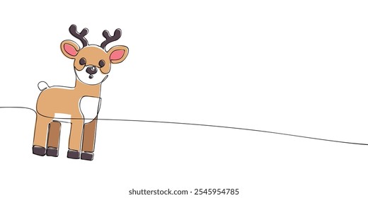 A single line drawing of a Santa Claus's reindeer. Continuous line deer icon in color. One line icon. Vector illustration.