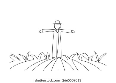 Single line drawing a scarecrow in a field with plants agriculture farm