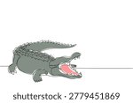 Single line drawing of scary wild crocodile walking on land with wide open mouth. Dangerous reptile animal concept for World Croc Day zoo park entrance advertising billboard poster layout.