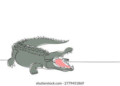 Single line drawing of scary wild crocodile walking on land with wide open mouth. Dangerous reptile animal concept for World Croc Day zoo park entrance advertising billboard poster layout.