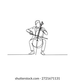 Um único desenho de linha de um homem sentado tocando o violoncelo graciosamente