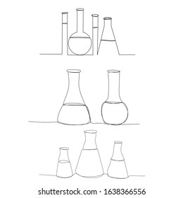 single line drawing of a set of flasks and test tubes