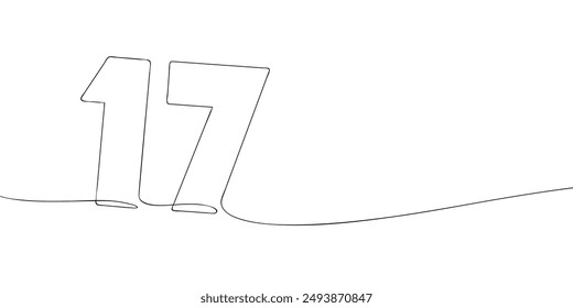 A single line drawing of a seventeen symbol. Continuous line seventeenth number icon. One line icon. Vector illustration.