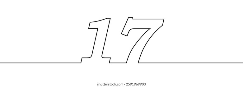 A single line drawing of a seventeen symbol. One line icon. Continuous line seventeenth number icon. Vector illustration.