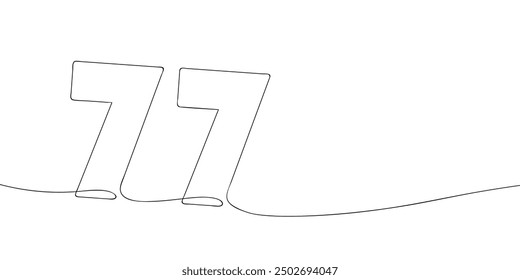 Un dibujo de una sola línea de un símbolo de setenta y siete. Icono de número 77 de línea continua. Icono de una línea. Ilustración vectorial.