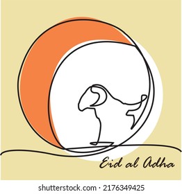 Single Line drawing of Sheep and crescent moon. Eid al-Adha simple vector background, web banner with goat sheep and moon. Vector illustration of Eid al-Adha for greeting card, icon, logo, poster.