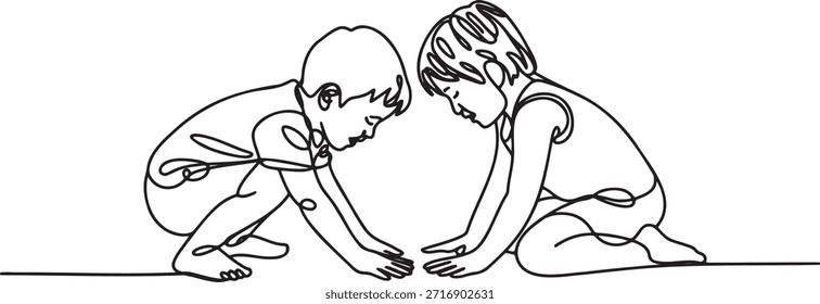 Dibujo de una sola línea que muestra a dos niños pequeños o niños agachados juntos interactuando o jugando en el suelo. Ilustración de concepto para la amistad y la conexión de la infancia.