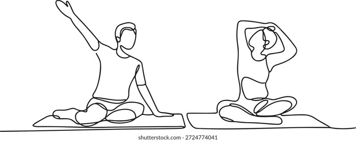 Dibujo de una sola línea que muestra a dos personas sentadas en esteras realizando diferentes asanas de yoga o posiciones de meditación consciente. Concepto de bienestar, fitness y equilibrio.
