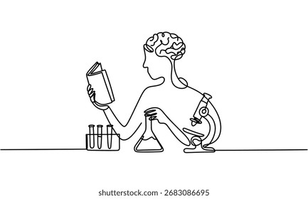 Un dibujo de una sola línea muestra una figura con un cerebro para una cabeza, sosteniendo un libro y un frasco, con equipo de laboratorio cerca.
